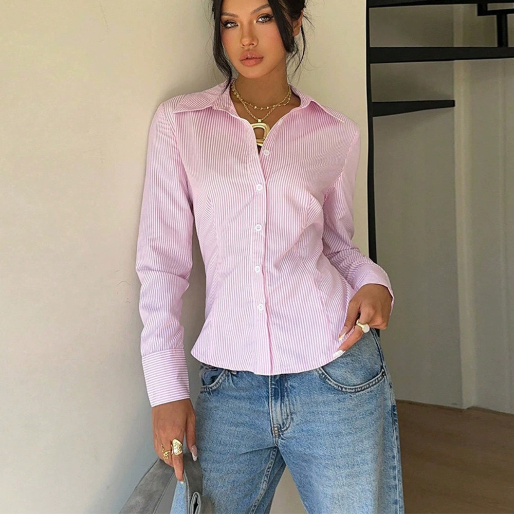 H&M Elegant Fall Striped Tie Waist Long Sleeve Blouse for Women
